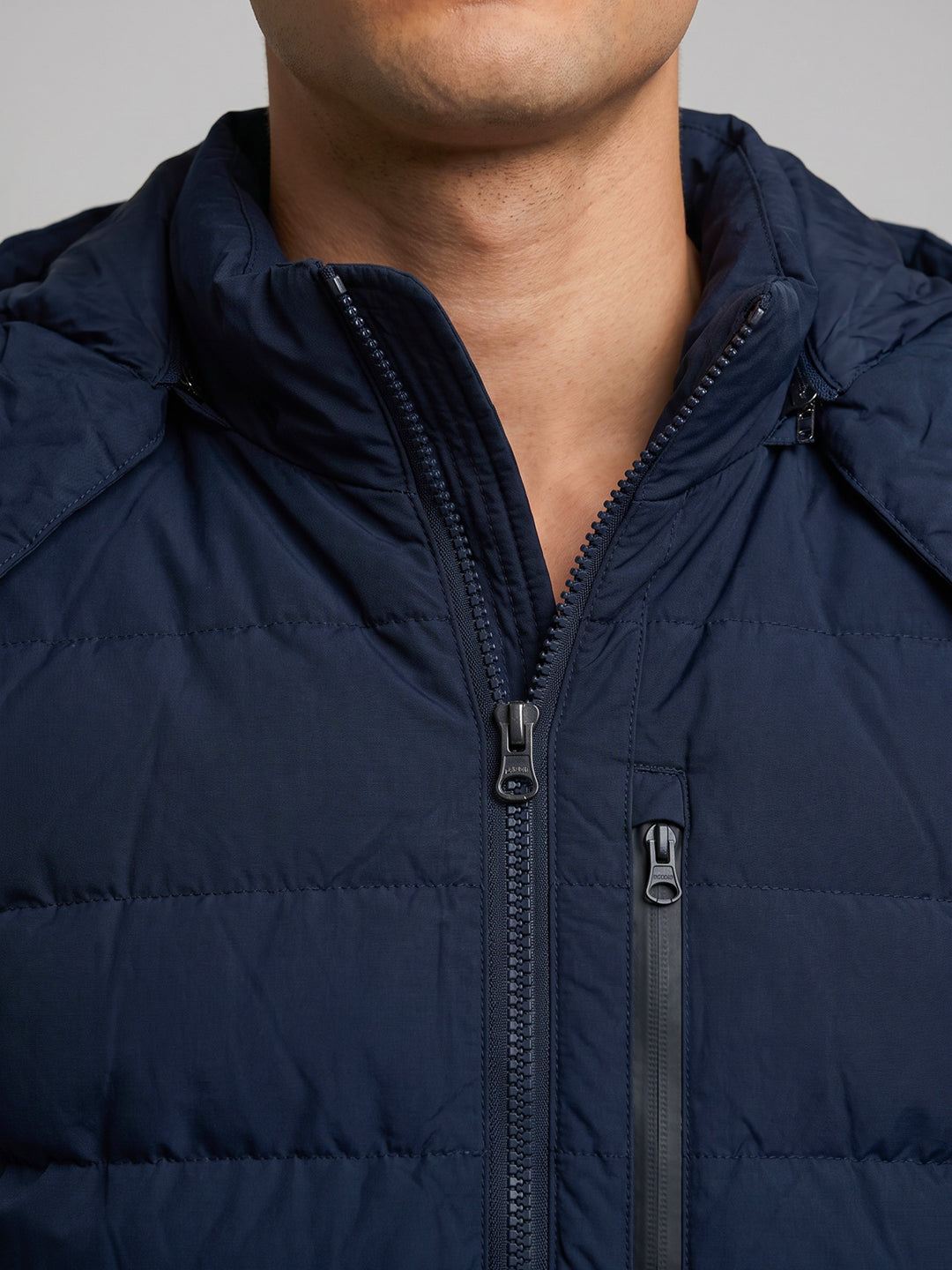 Luxuria Men Navy Blue Solid Detachable Hood Full Sleeve Feather Inside Jacket