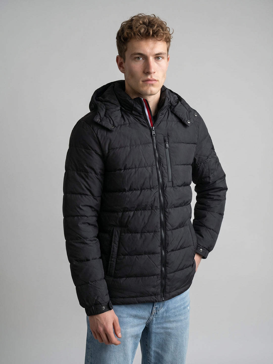 Luxuria Men Black Solid Detachable Hood Full Sleeve Feather Inside Jacket
