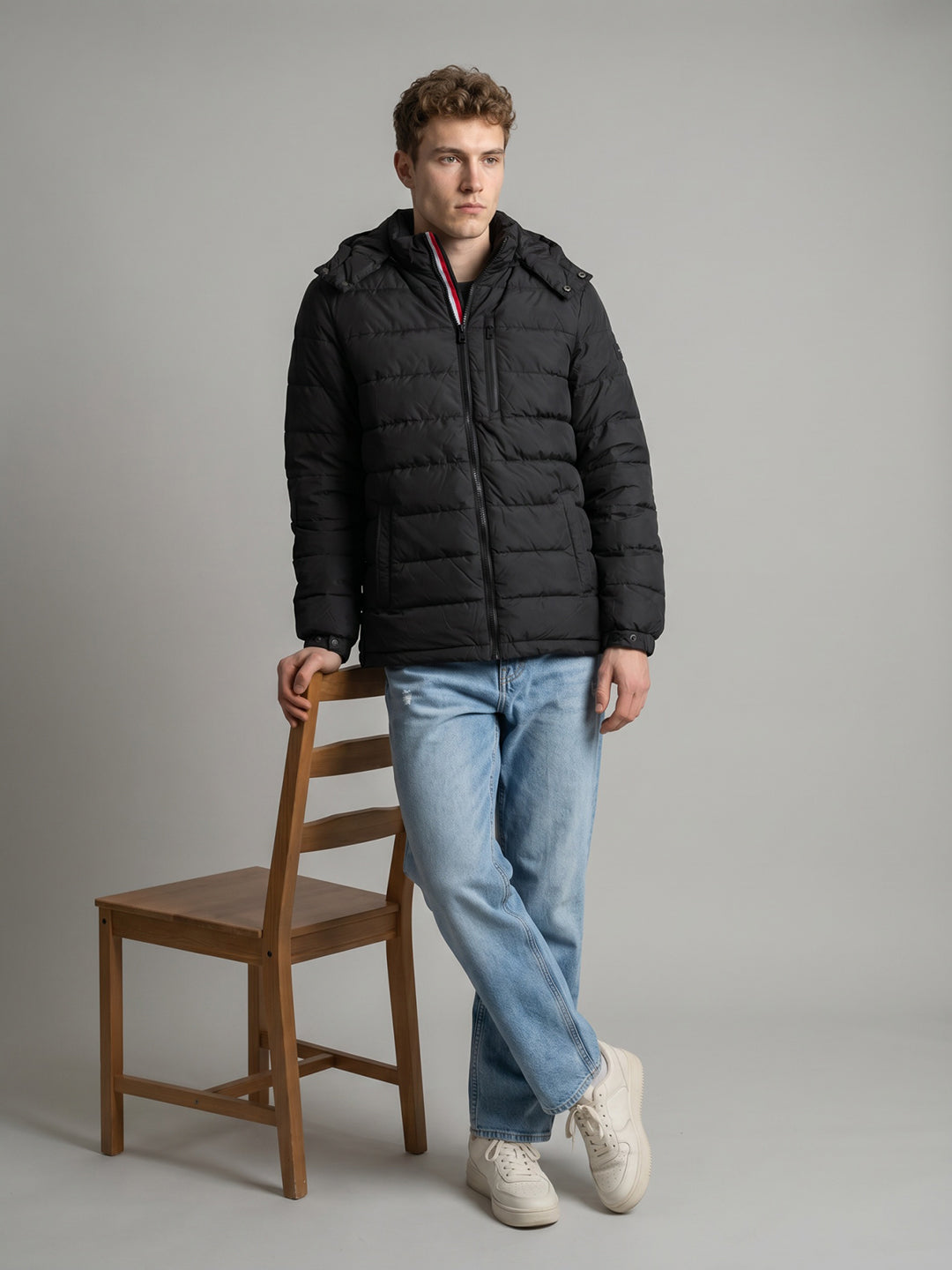 Luxuria Men Black Solid Detachable Hood Full Sleeve Feather Inside Jacket