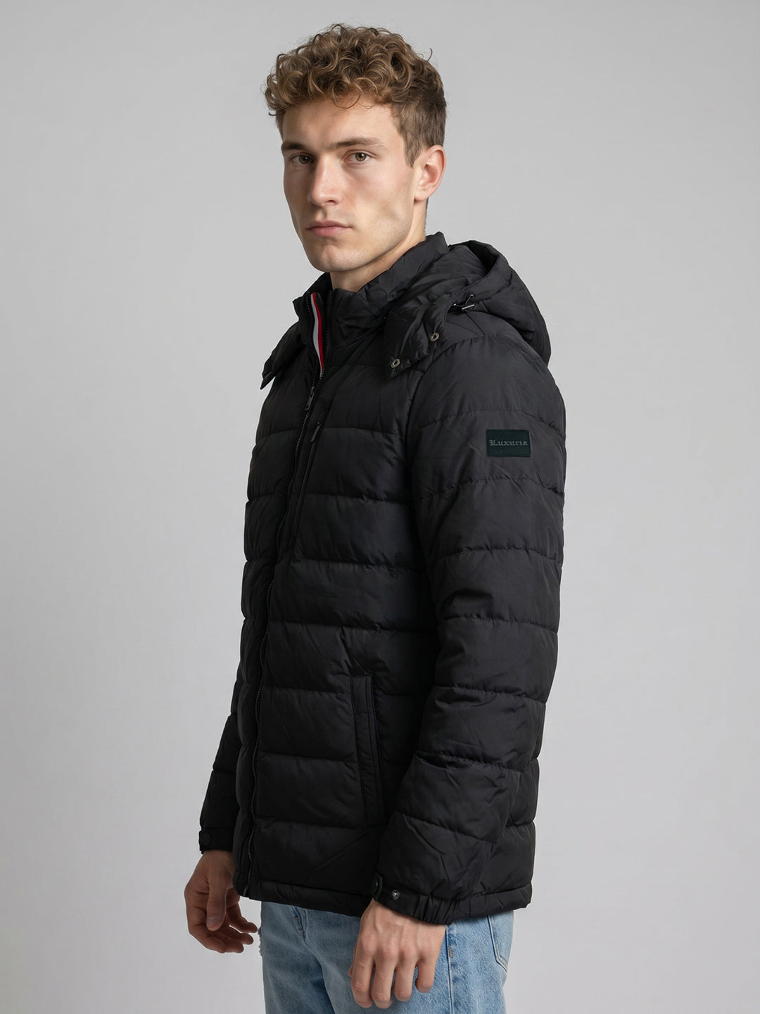 Luxuria Men Black Solid Detachable Hood Full Sleeve Feather Inside Jacket