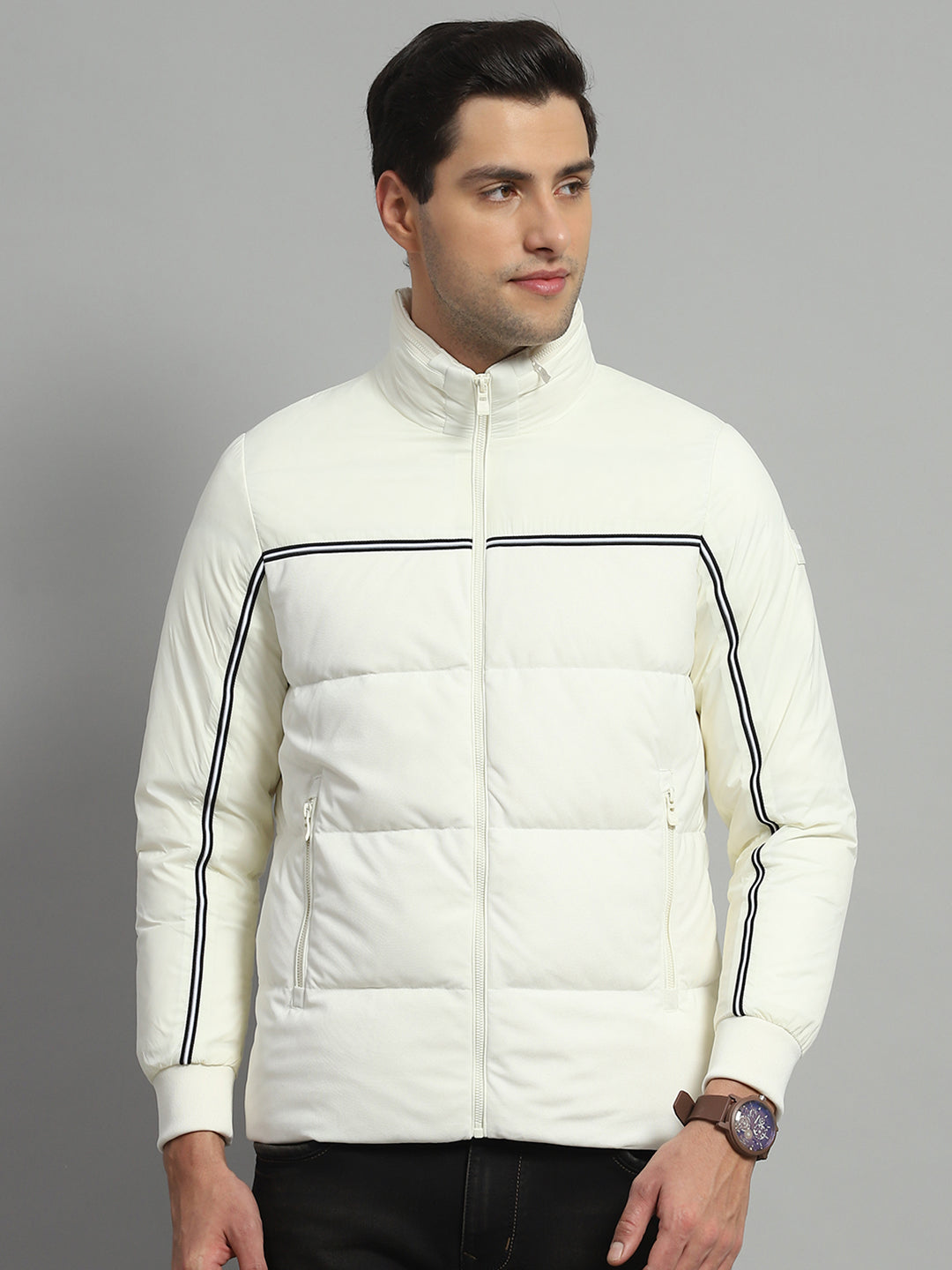 Luxuria Men Off White Solid Detachable Hood Full Sleeve Jacket