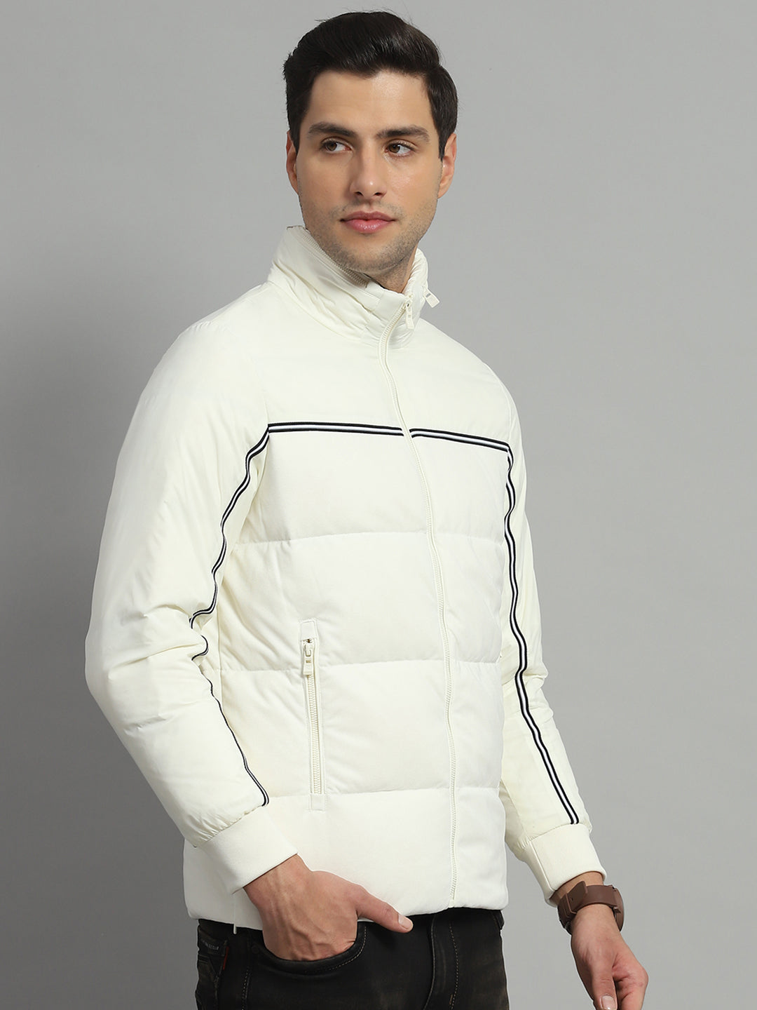 Luxuria Men Off White Solid Detachable Hood Full Sleeve Jacket