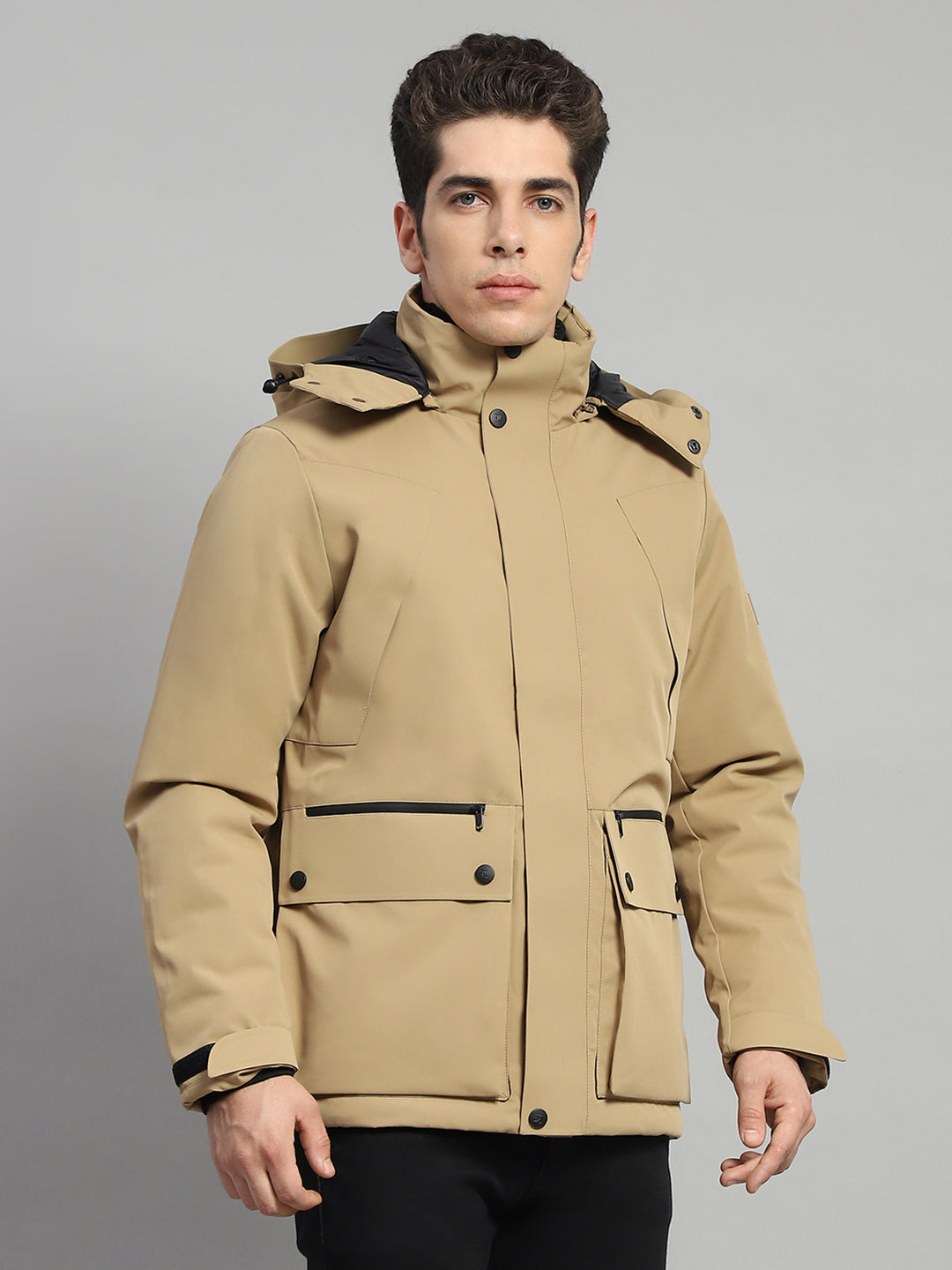 Men Camel Brown Solid Hooded Full Sleeve Jacket