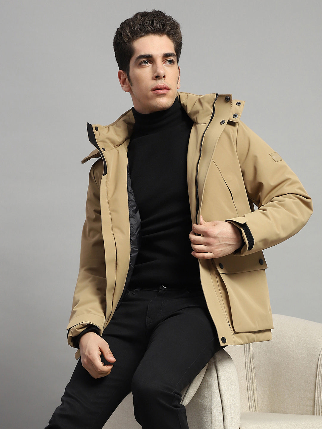 Men Camel Brown Solid Hooded Full Sleeve Jacket