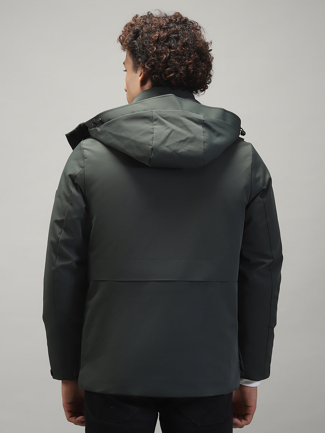 Men Olive Solid Hooded Full Sleeve Jacket