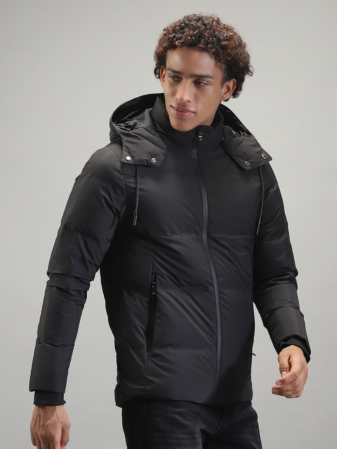 Men Black Solid Hooded Full Sleeve Jacket