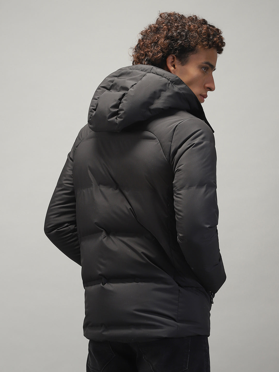 Men Black Solid Hooded Full Sleeve Jacket