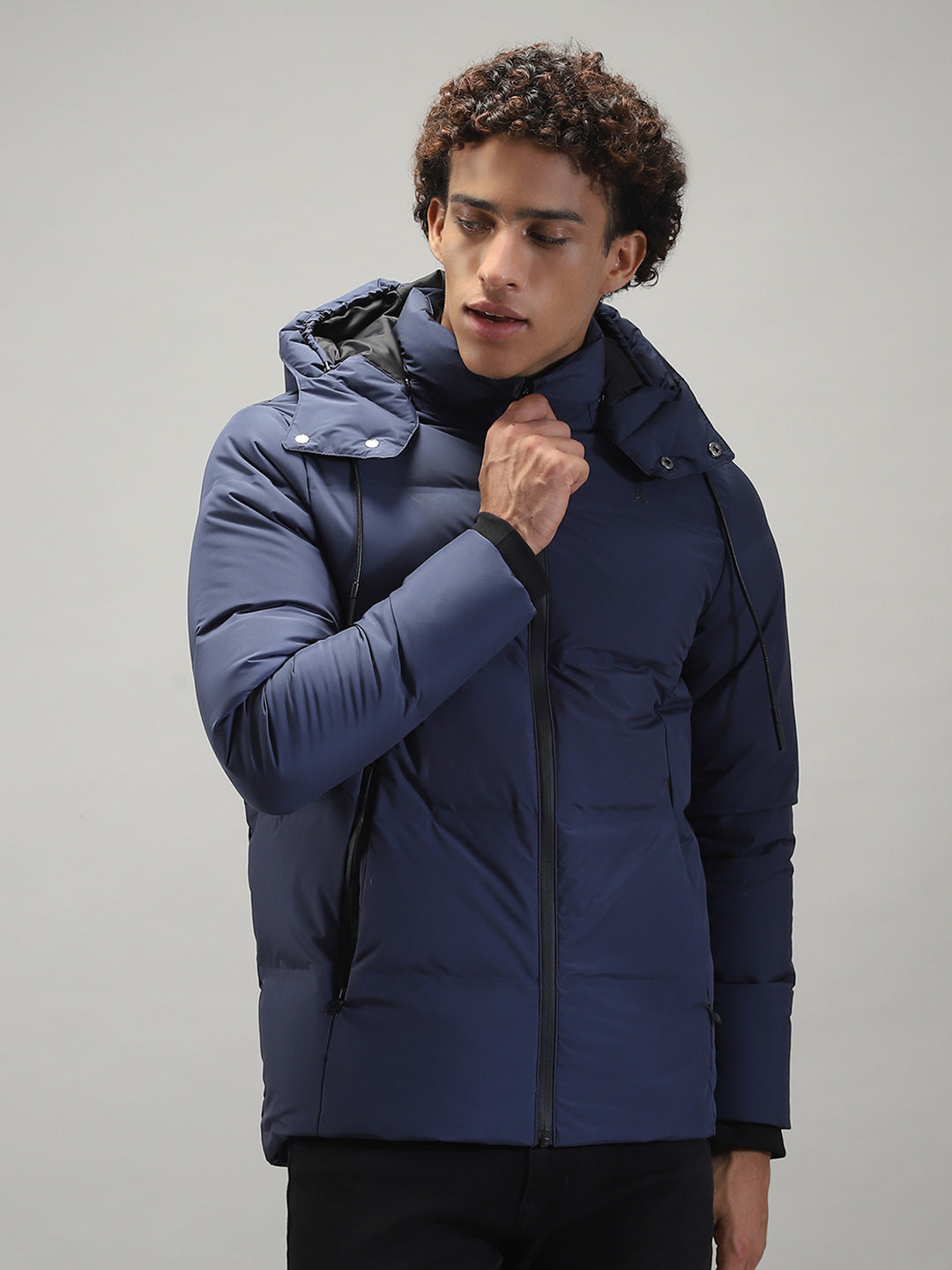 Men Navy Blue Solid Hooded Full Sleeve Jacket