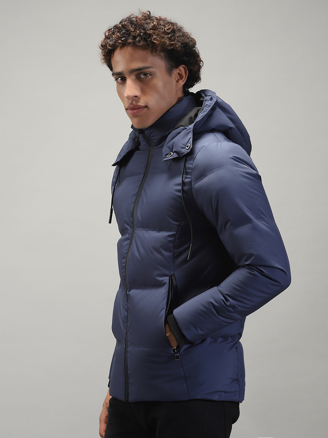 Men Navy Blue Solid Hooded Full Sleeve Jacket
