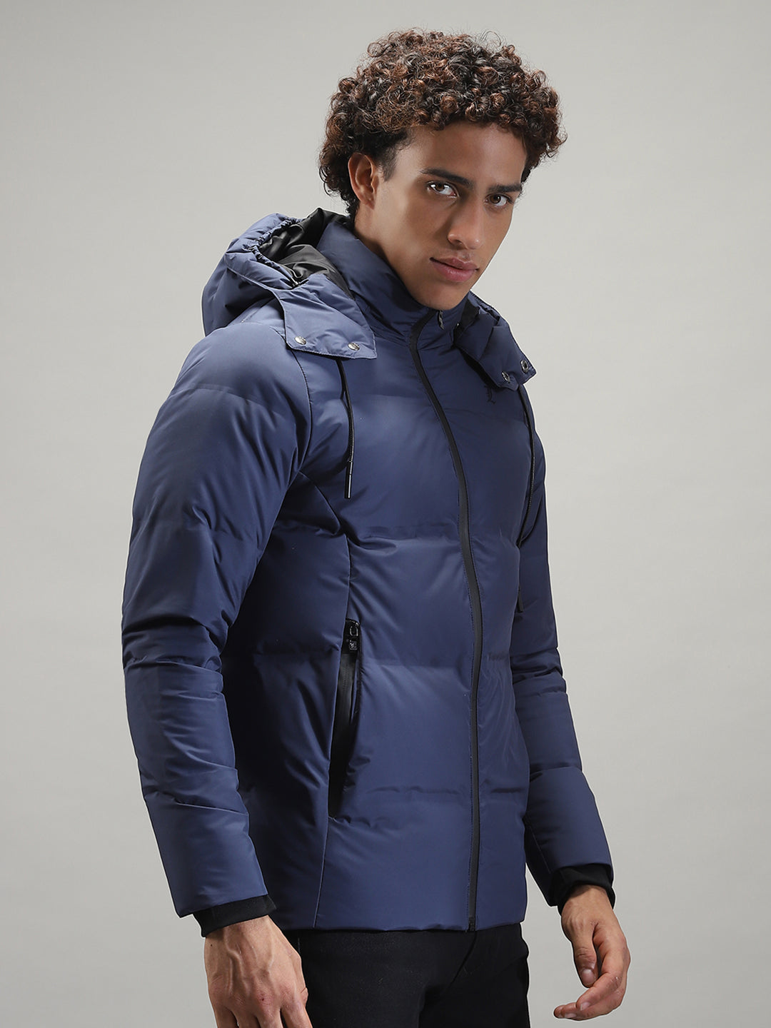 Men Navy Blue Solid Hooded Full Sleeve Jacket