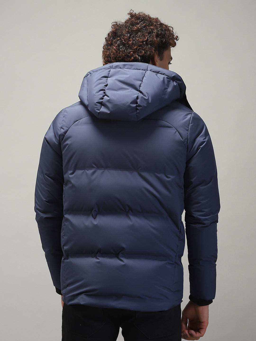 Men Navy Blue Solid Hooded Full Sleeve Jacket