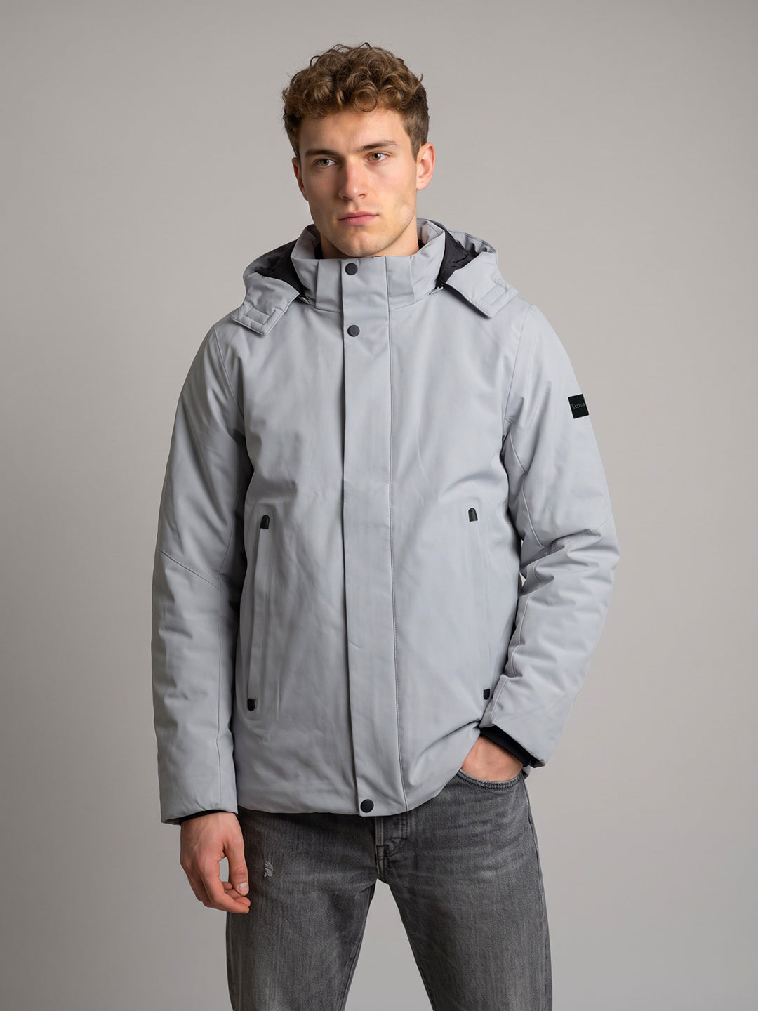Luxuria Men Grey Solid Detachable Hood Full Sleeve Parka Jacket