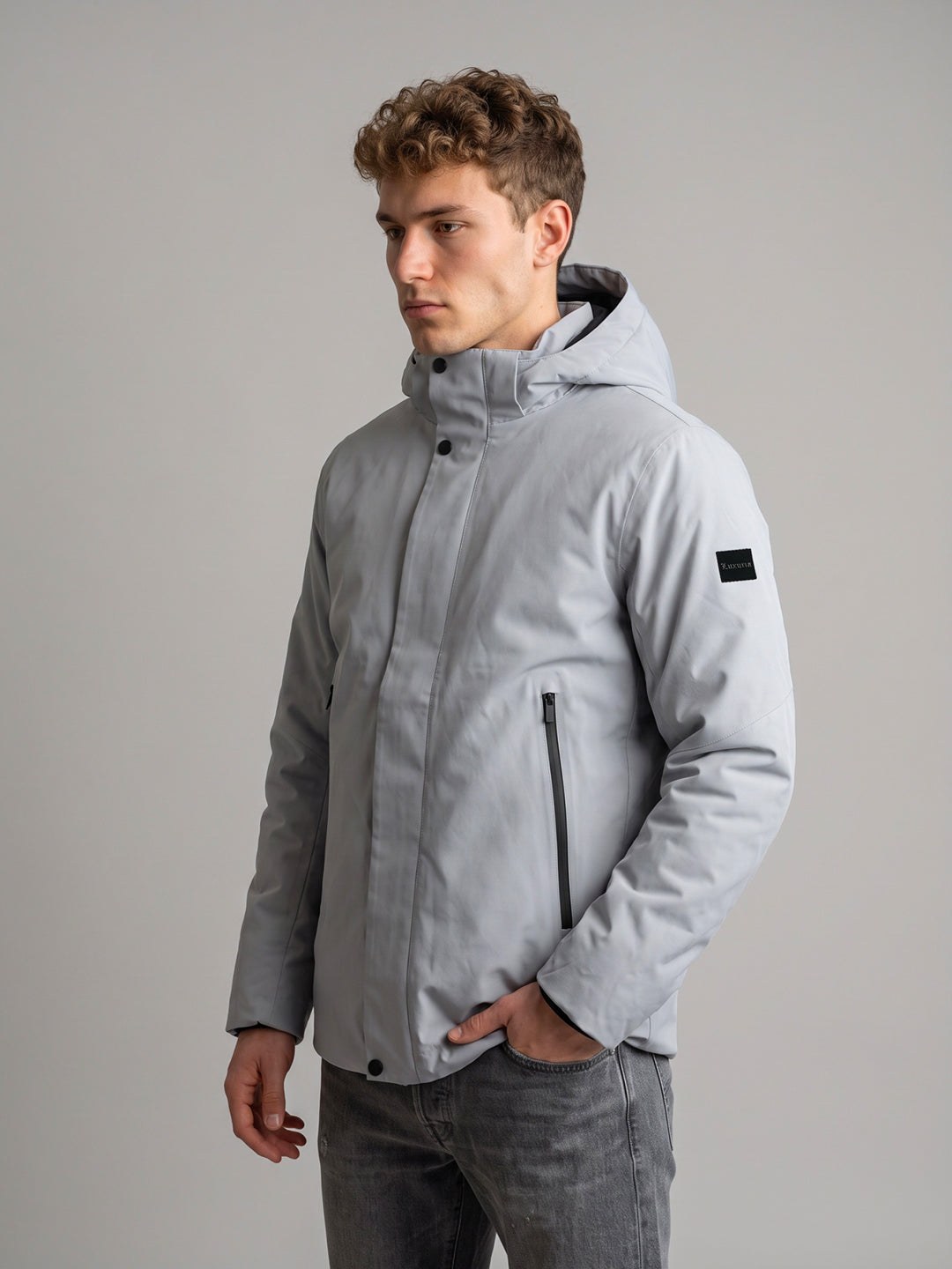 Luxuria Men Grey Solid Detachable Hood Full Sleeve Parka Jacket