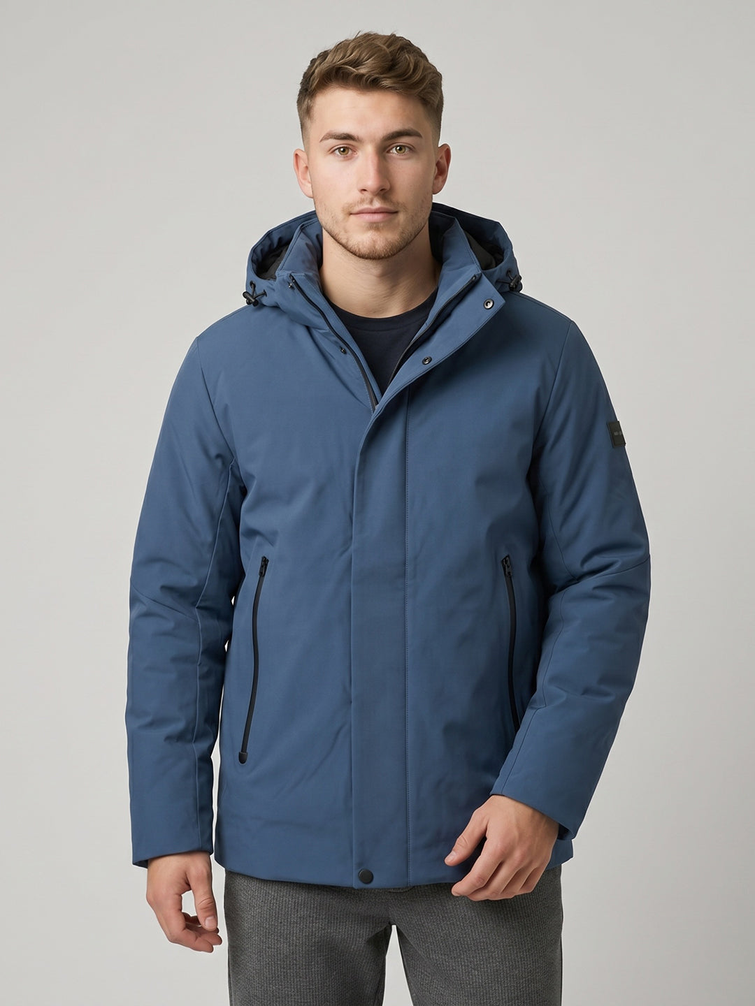 Luxuria Men Grey Solid Detachable Hood Full Sleeve Parka Jacket