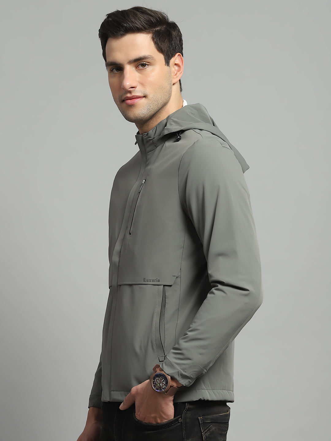 Luxuria Men Olive Solid Detachable Hood Full Sleeve Jacket