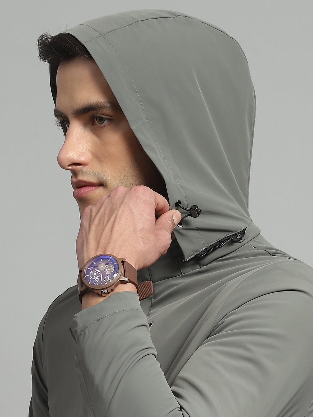Luxuria Men Olive Solid Detachable Hood Full Sleeve Jacket