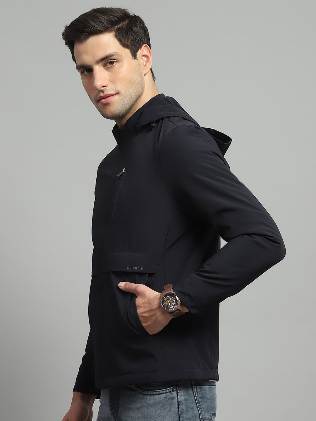 Luxuria Men Navy Blue Solid Detachable Hood Full Sleeve Jacket