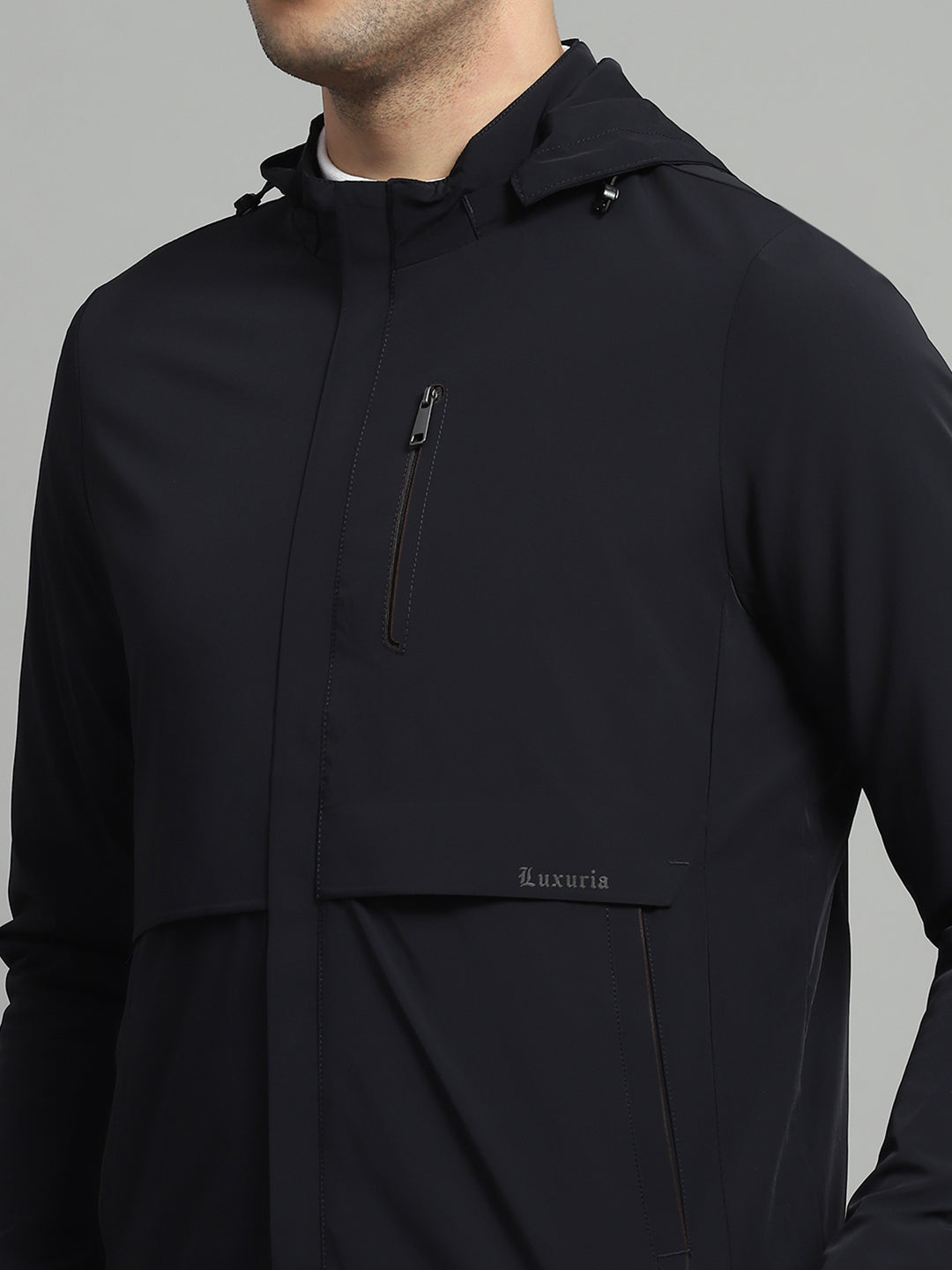 Luxuria Men Navy Blue Solid Detachable Hood Full Sleeve Jacket