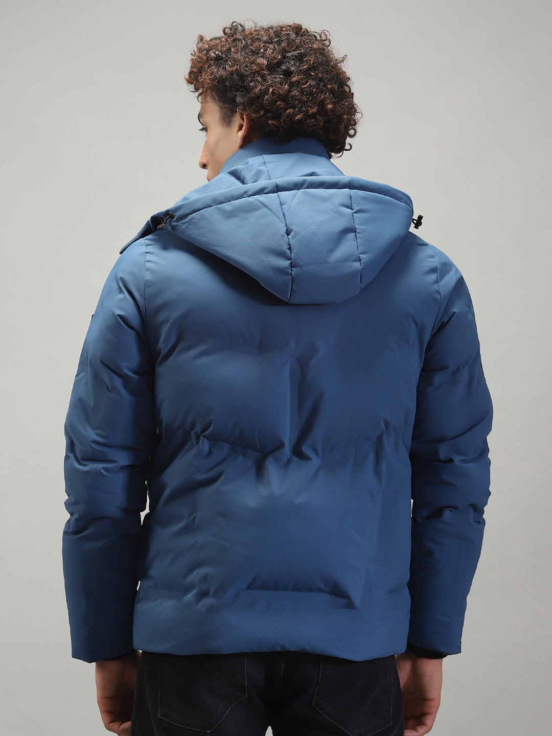 Men Blue Solid Hooded Full Sleeve Jacket