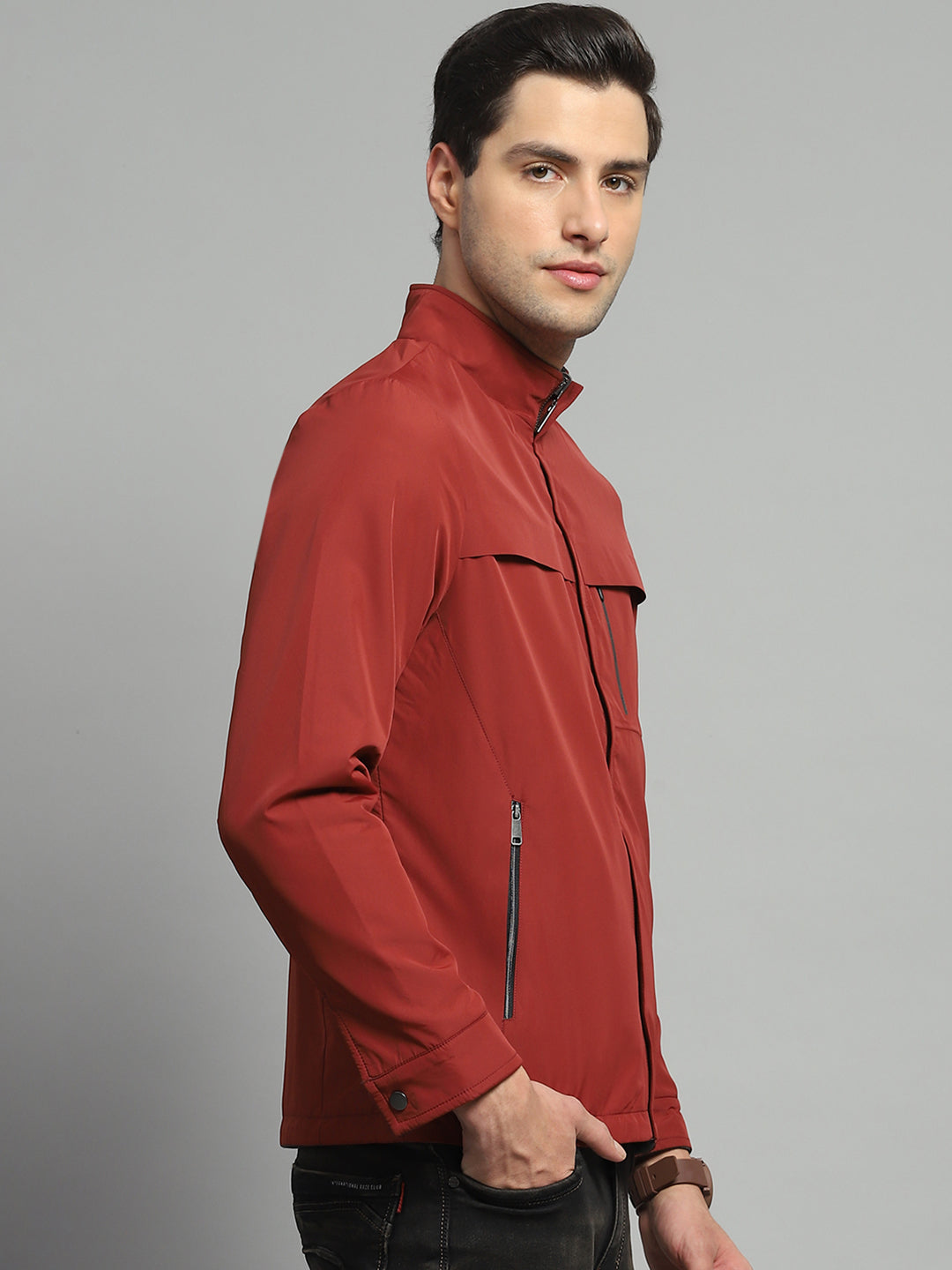 Luxuria Men Red Solid Mock Neck Full Sleeve Reversible Jacket