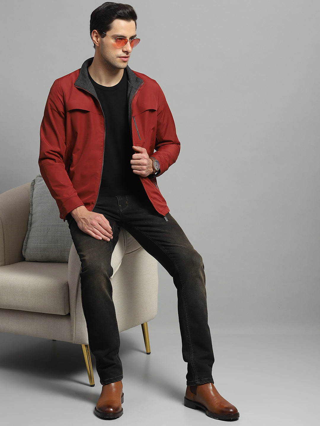 Luxuria Men Red Solid Mock Neck Full Sleeve Reversible Jacket