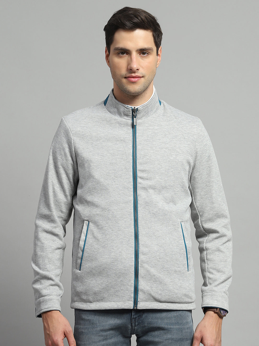 Luxuria Men Teal Blue Solid Mock Neck Full Sleeve Reversible Jacket