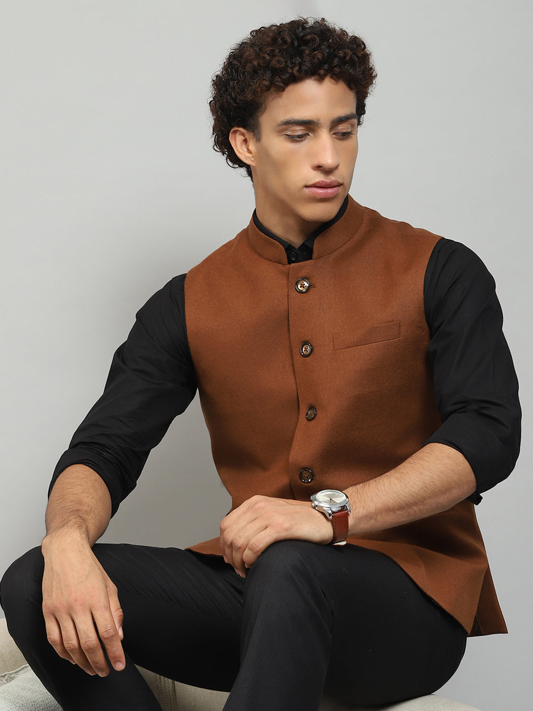 Men Rust Solid Band Collar Sleeveless Jacket