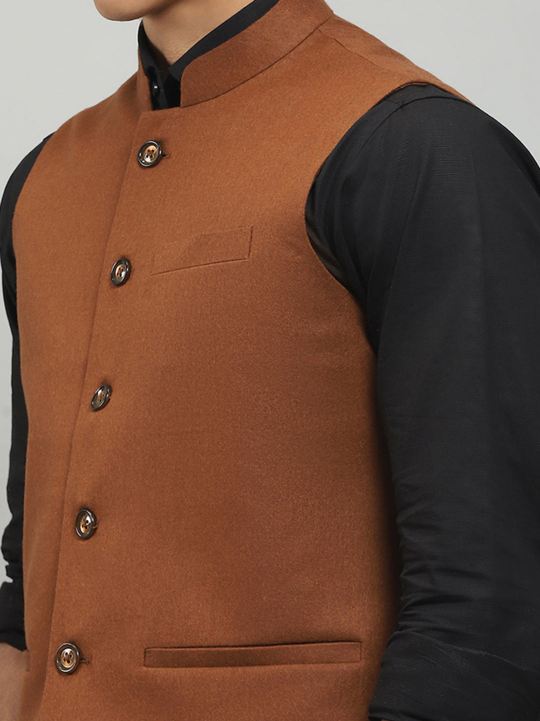 Men Rust Solid Band Collar Sleeveless Jacket