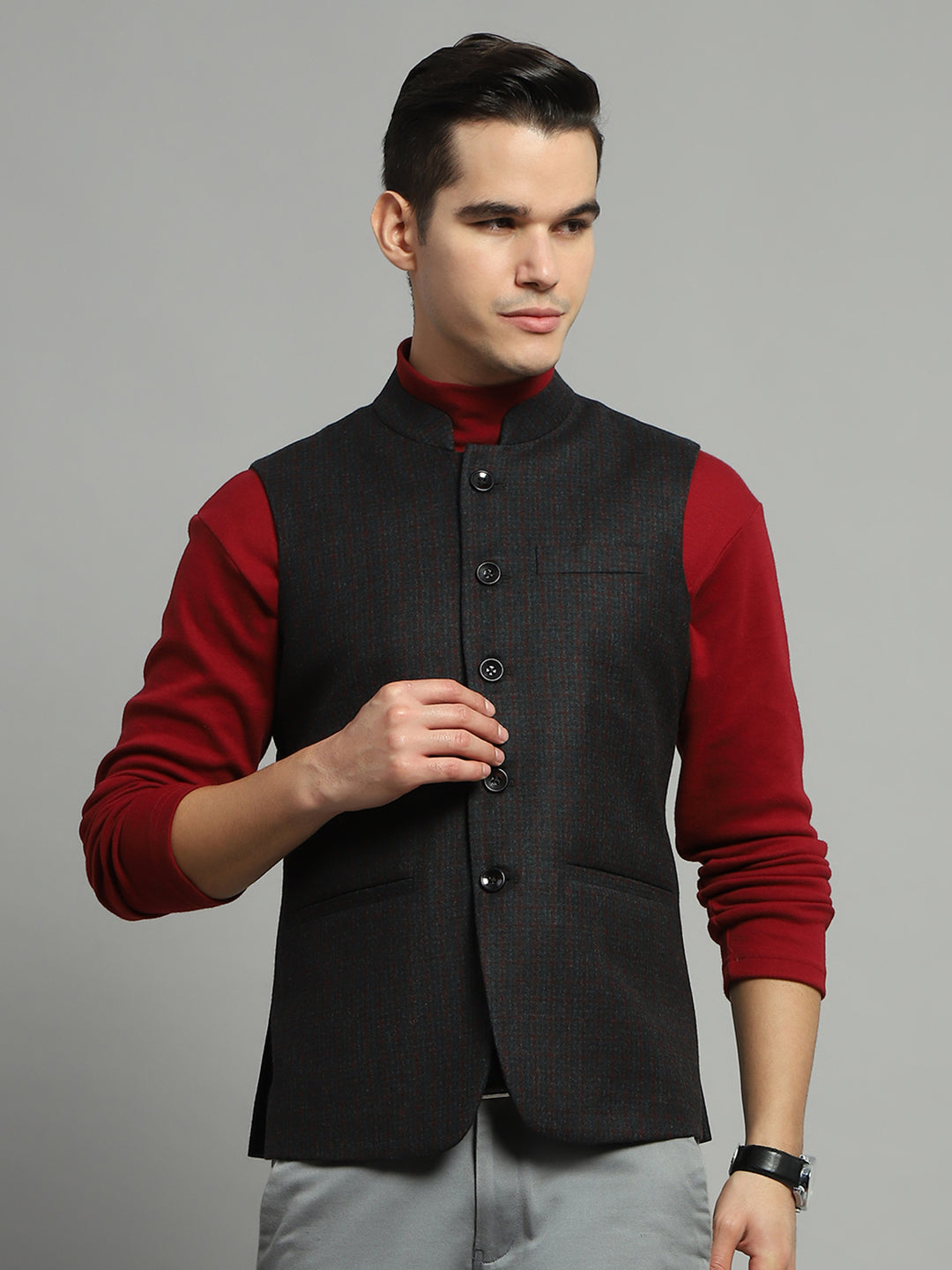 Luxuria Men Charcoal Solid Band Collar Sleeveless Jacket
