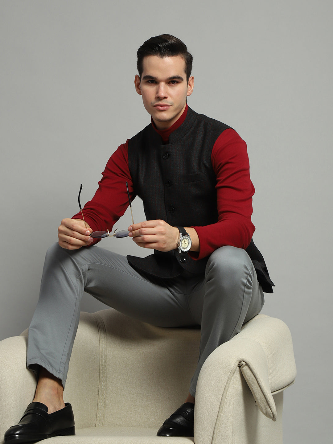 Luxuria Men Charcoal Solid Band Collar Sleeveless Jacket