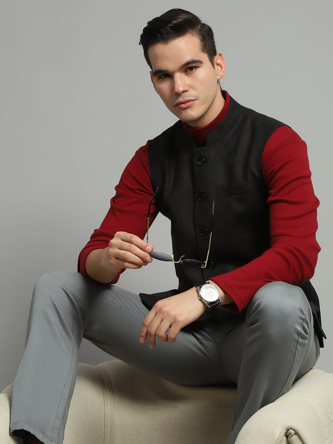 Luxuria Men Charcoal Solid Band Collar Sleeveless Jacket