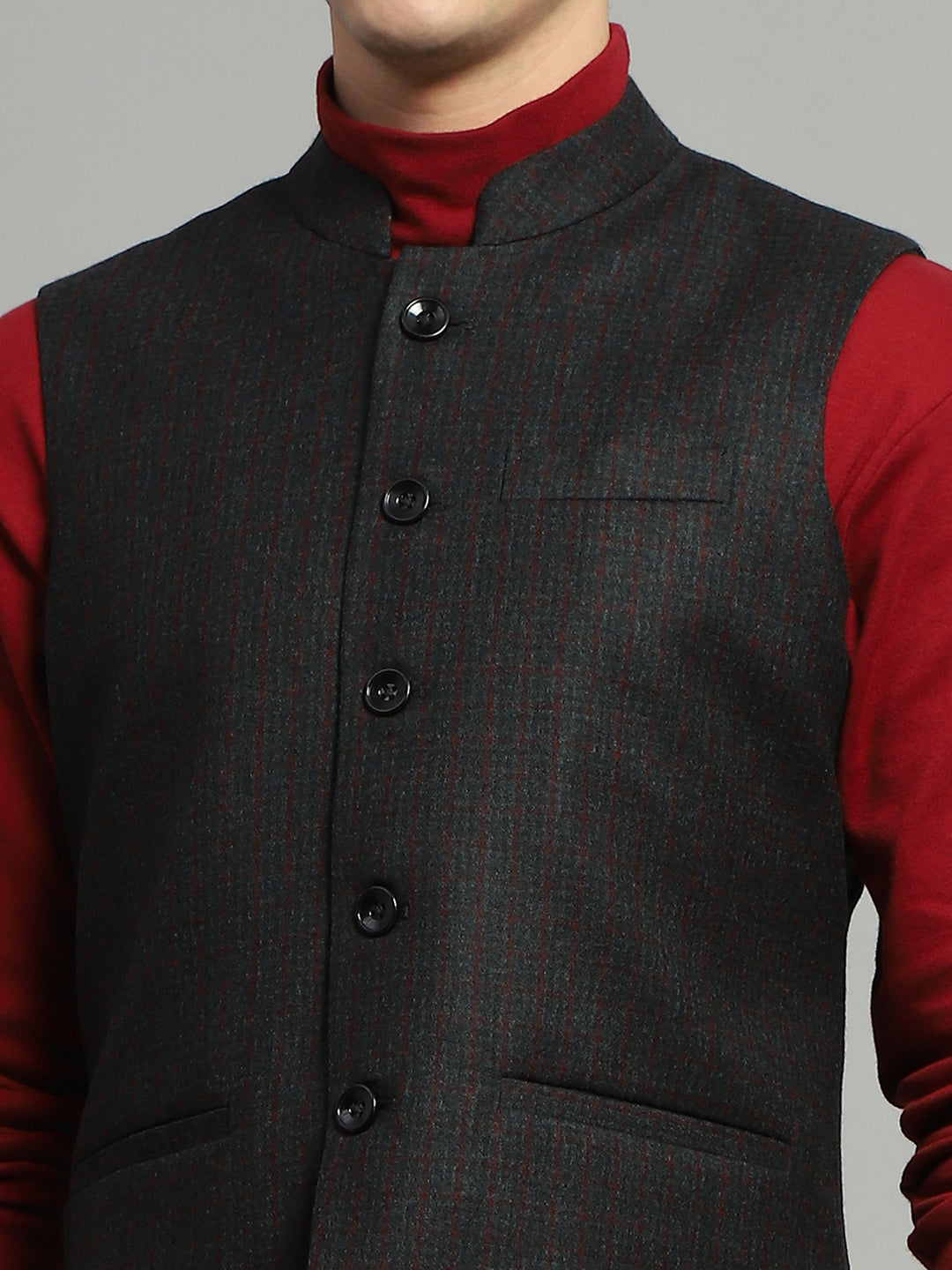 Luxuria Men Charcoal Solid Band Collar Sleeveless Jacket