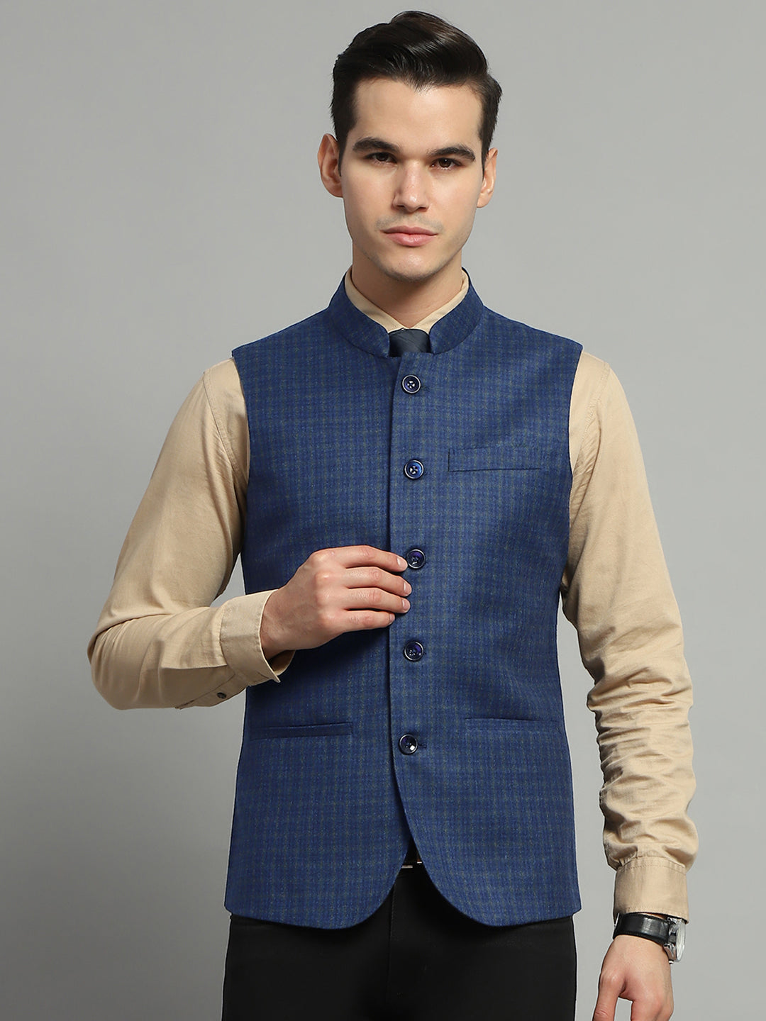 Luxuria Men Blue Solid Band Collar Sleeveless Jacket