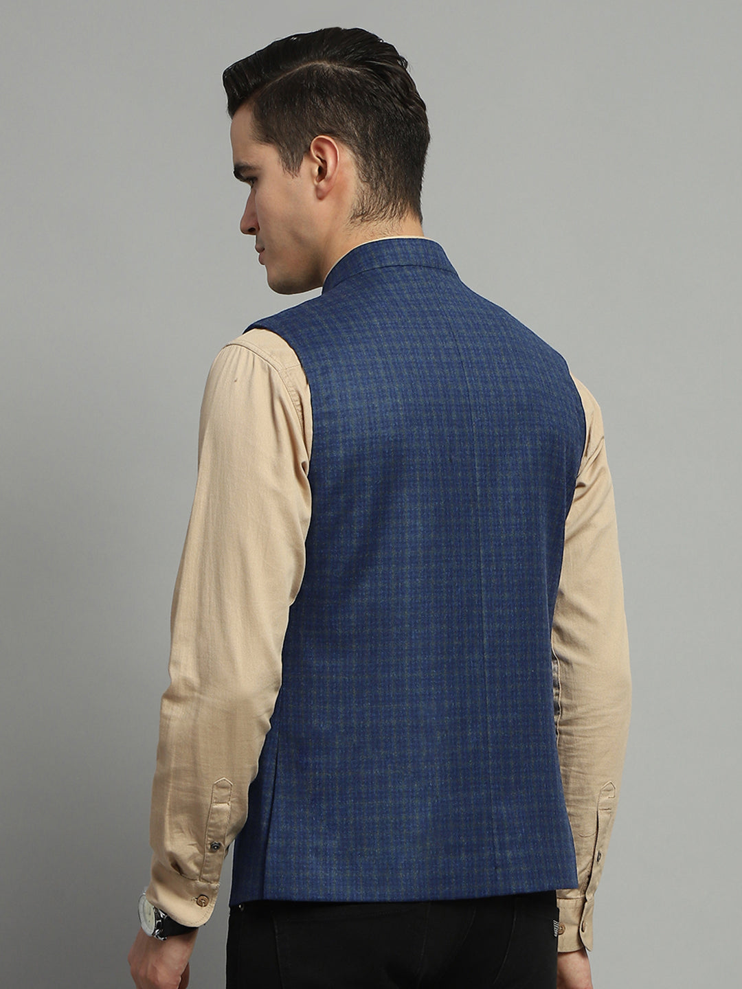 Luxuria Men Blue Solid Band Collar Sleeveless Jacket