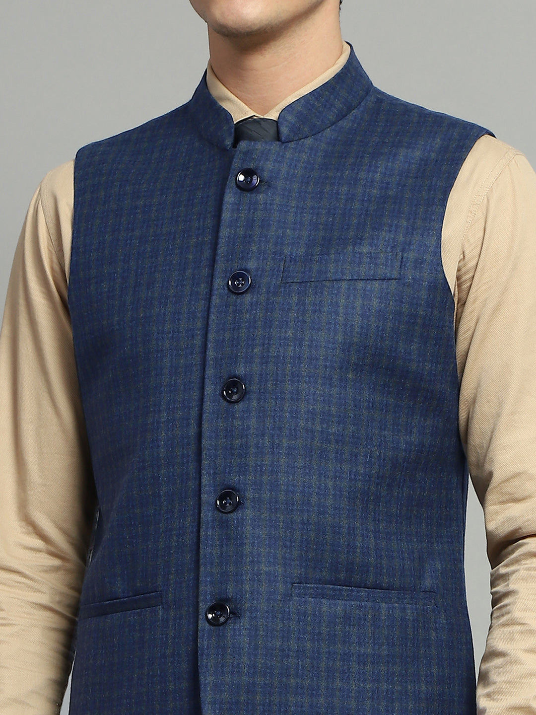 Luxuria Men Blue Solid Band Collar Sleeveless Jacket