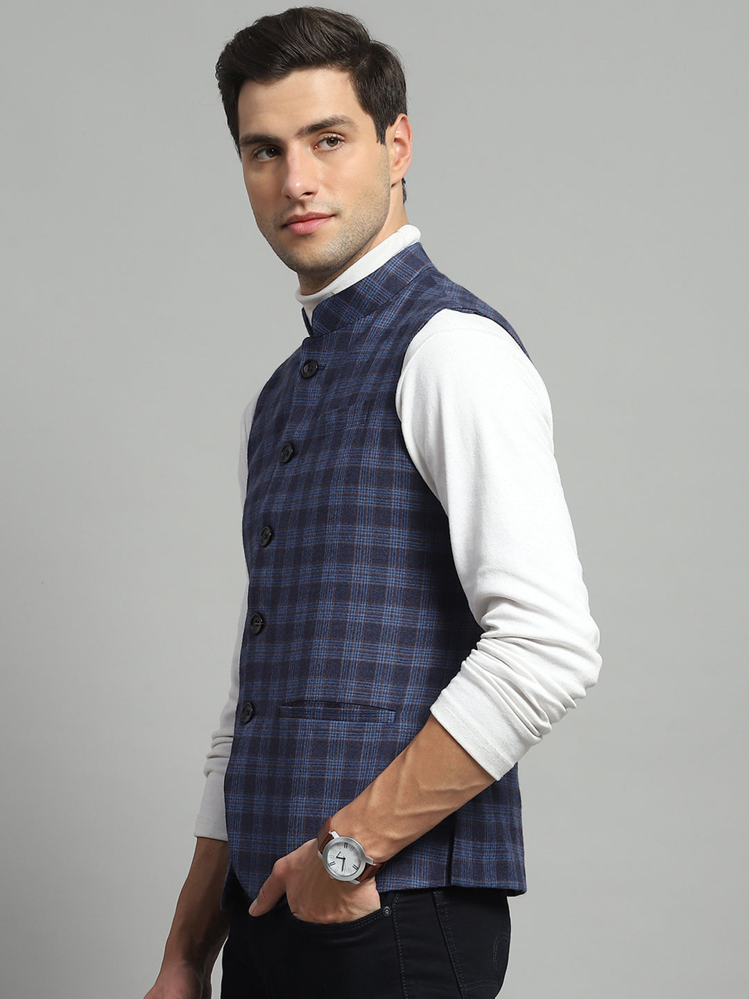 Luxuria Men Blue Solid Band Collar Sleeveless Nehru Jacket