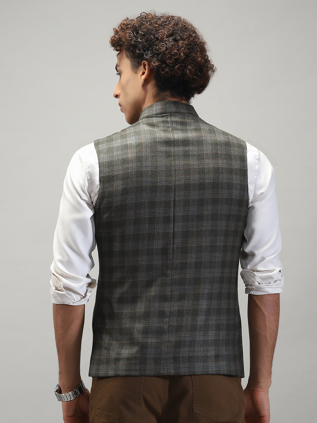 Men Olive Check Band Collar Sleeveless Jacket