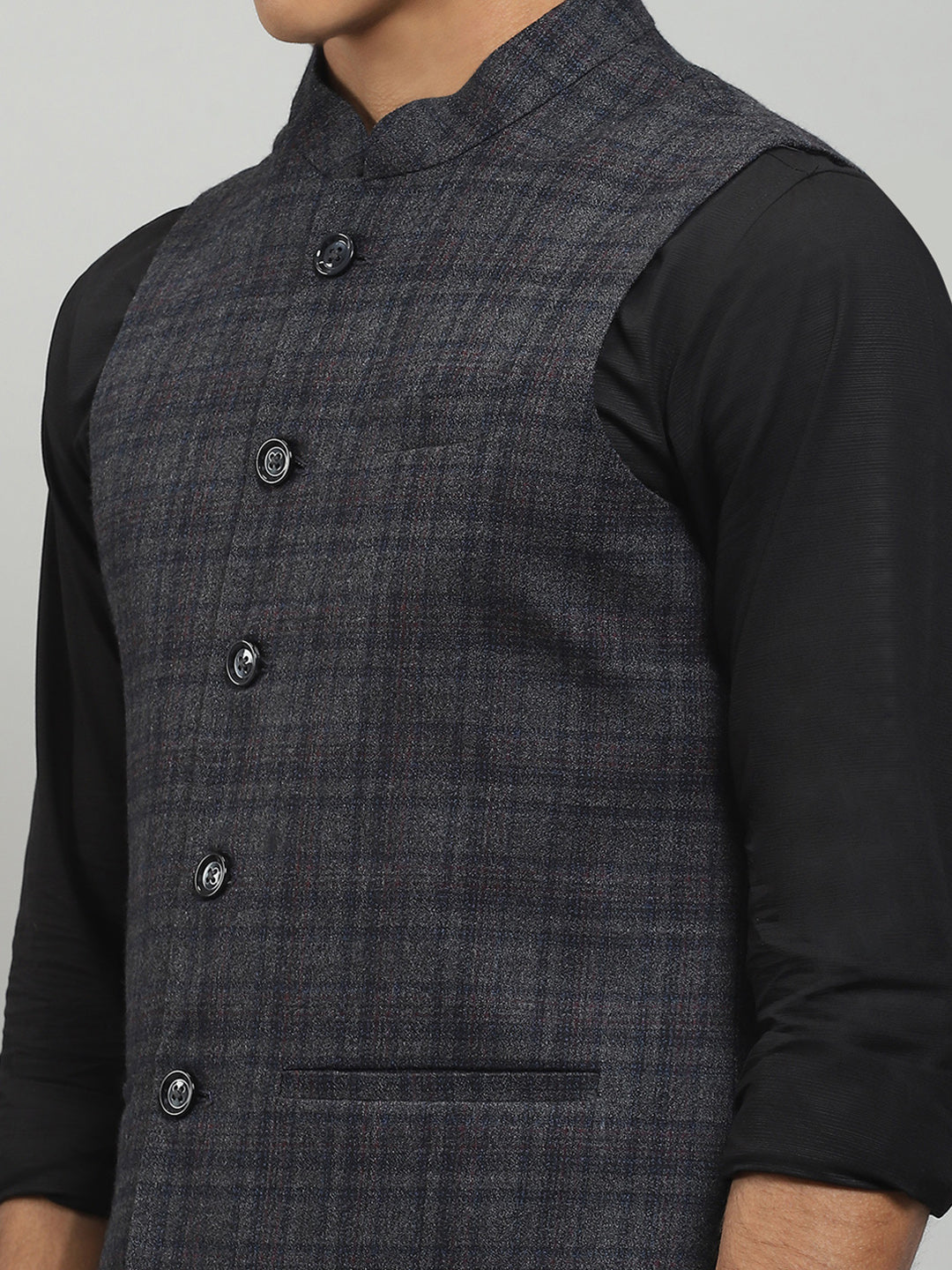 Men Grey Solid Band Collar Sleeveless Jacket