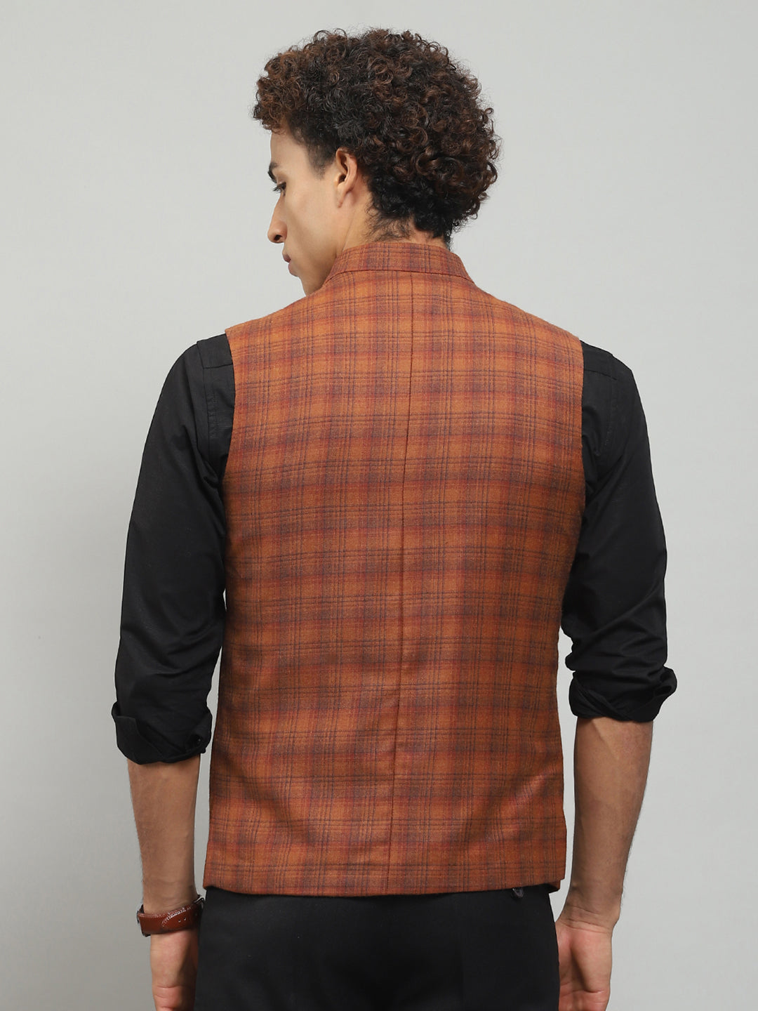 Men Rust Solid Band Collar Sleeveless Jacket