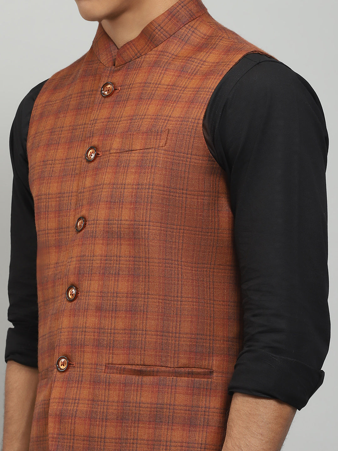 Men Rust Solid Band Collar Sleeveless Jacket