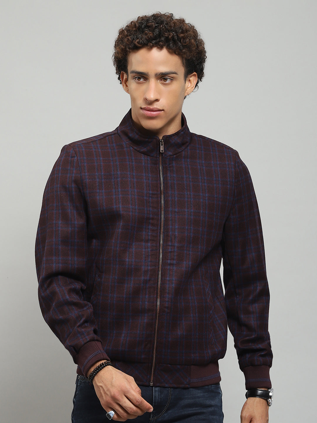 Men Maroon Solid Band Collar Full Sleeve Jacket