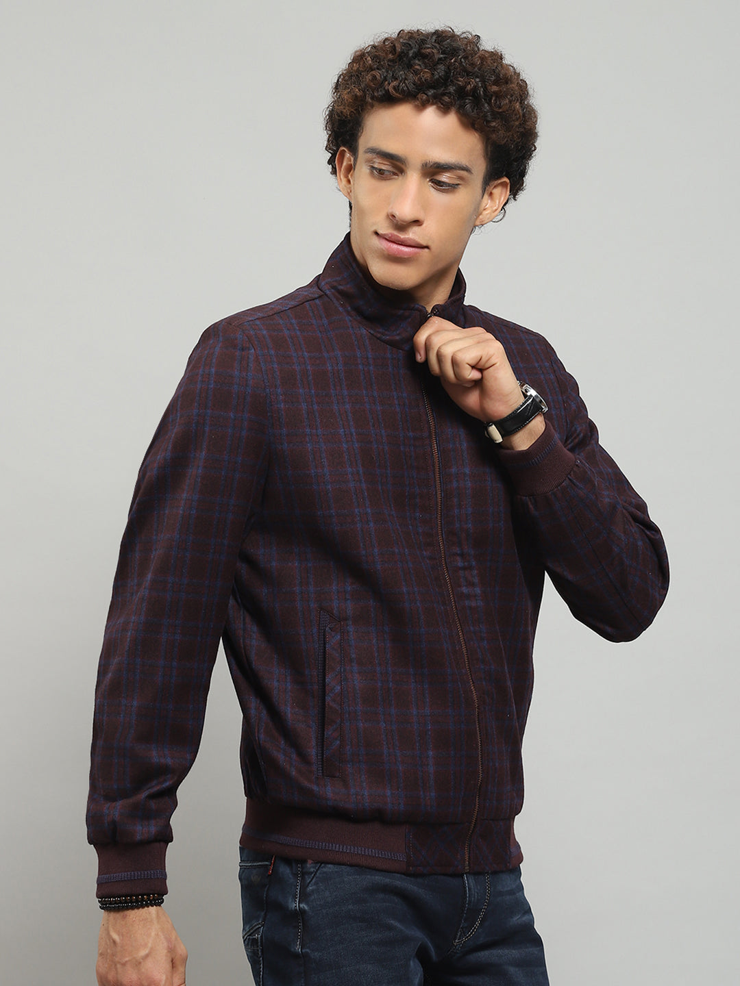 Men Maroon Solid Band Collar Full Sleeve Jacket