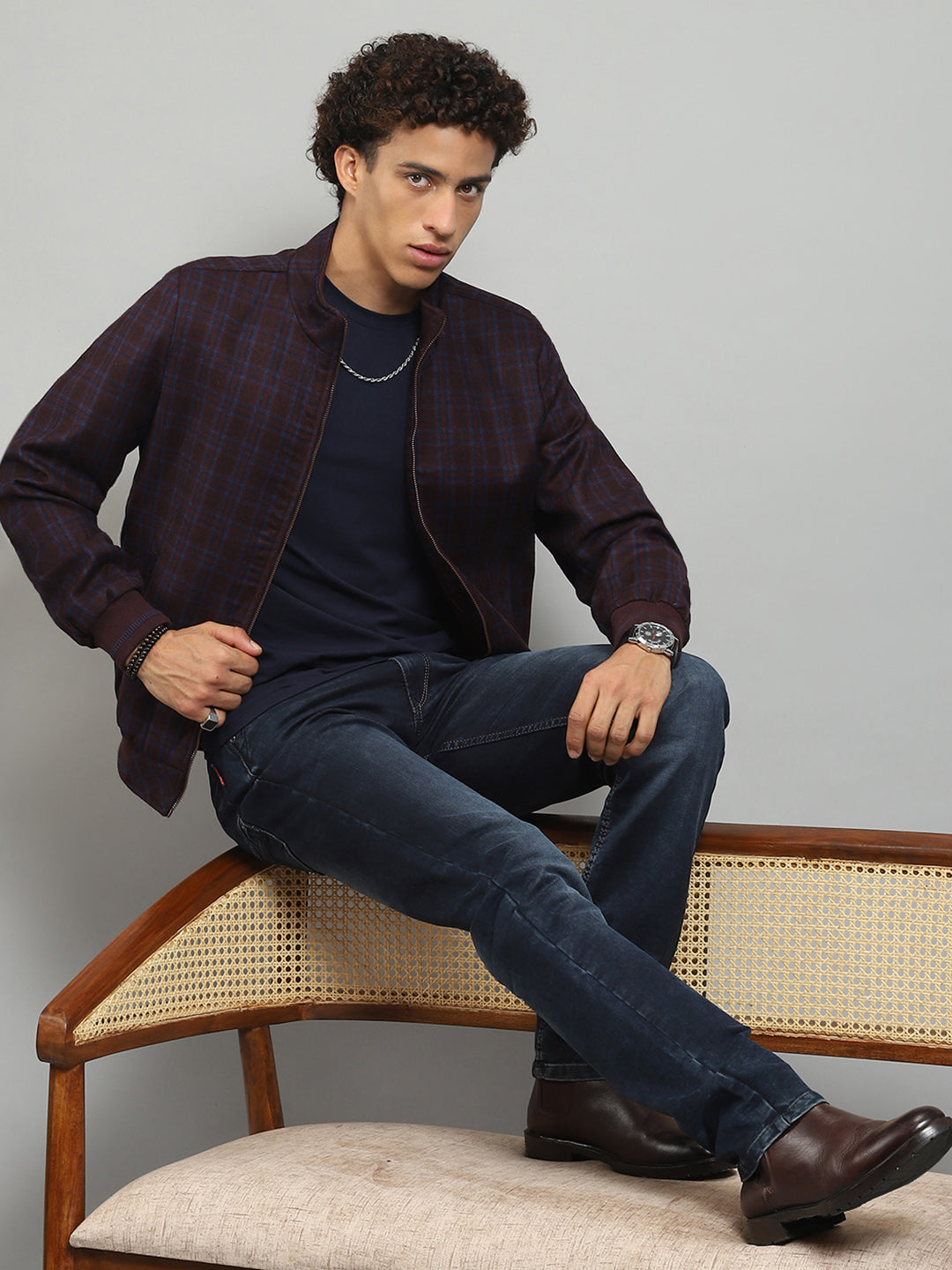 Men Maroon Solid Band Collar Full Sleeve Jacket