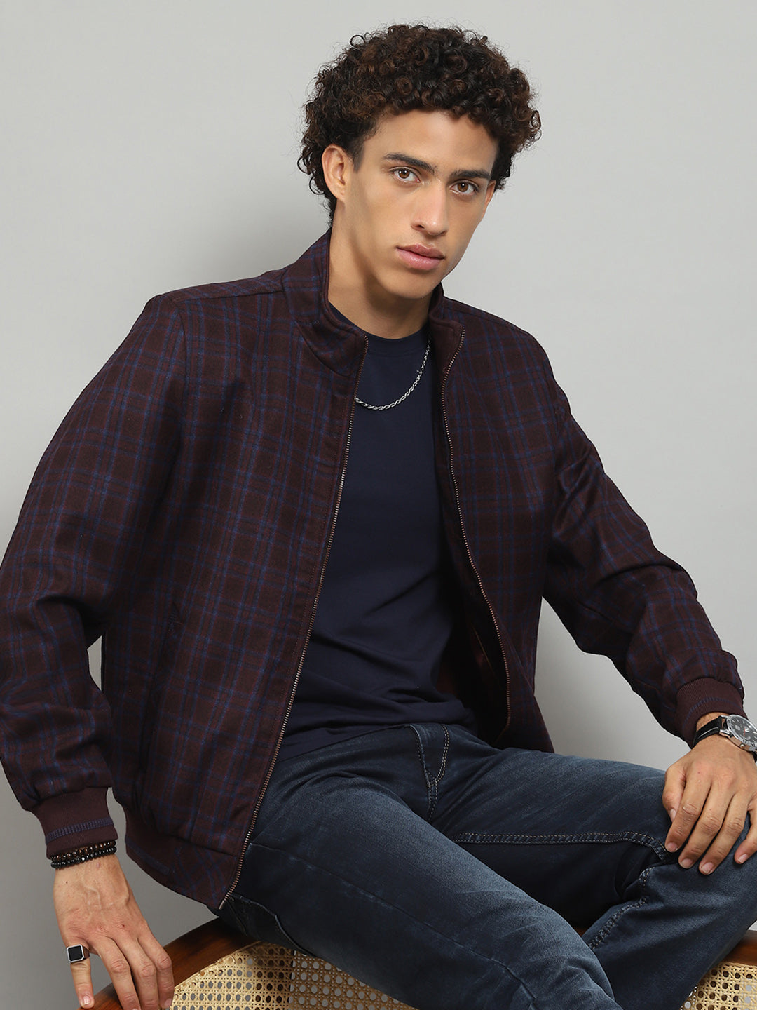 Men Maroon Solid Band Collar Full Sleeve Jacket