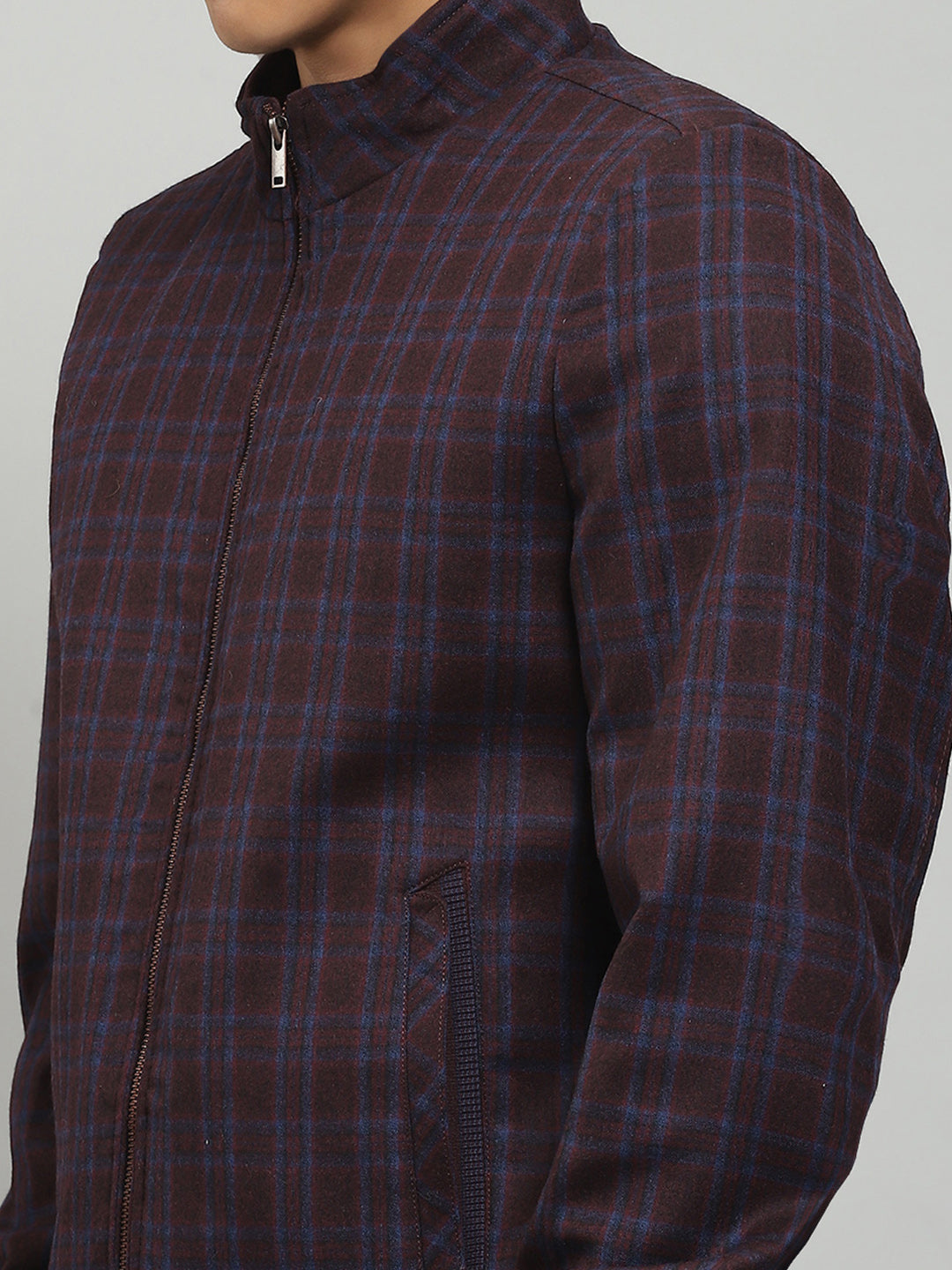 Men Maroon Solid Band Collar Full Sleeve Jacket