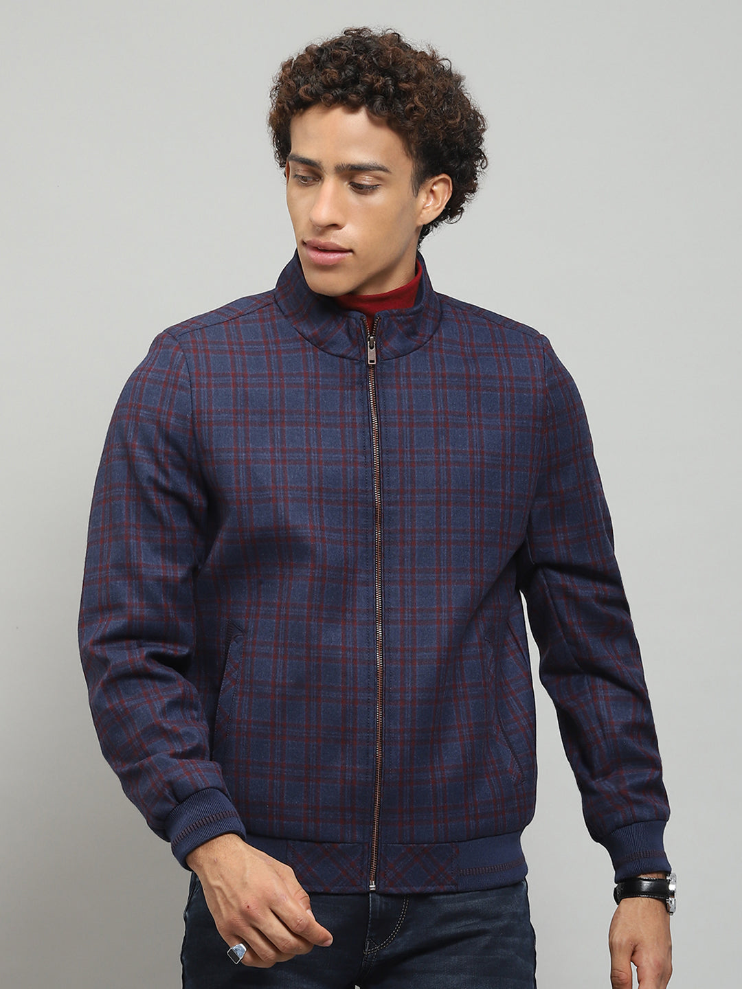 Men Blue Solid Band Collar Full Sleeve Jacket