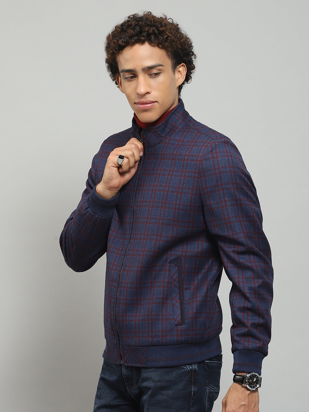 Men Blue Solid Band Collar Full Sleeve Jacket