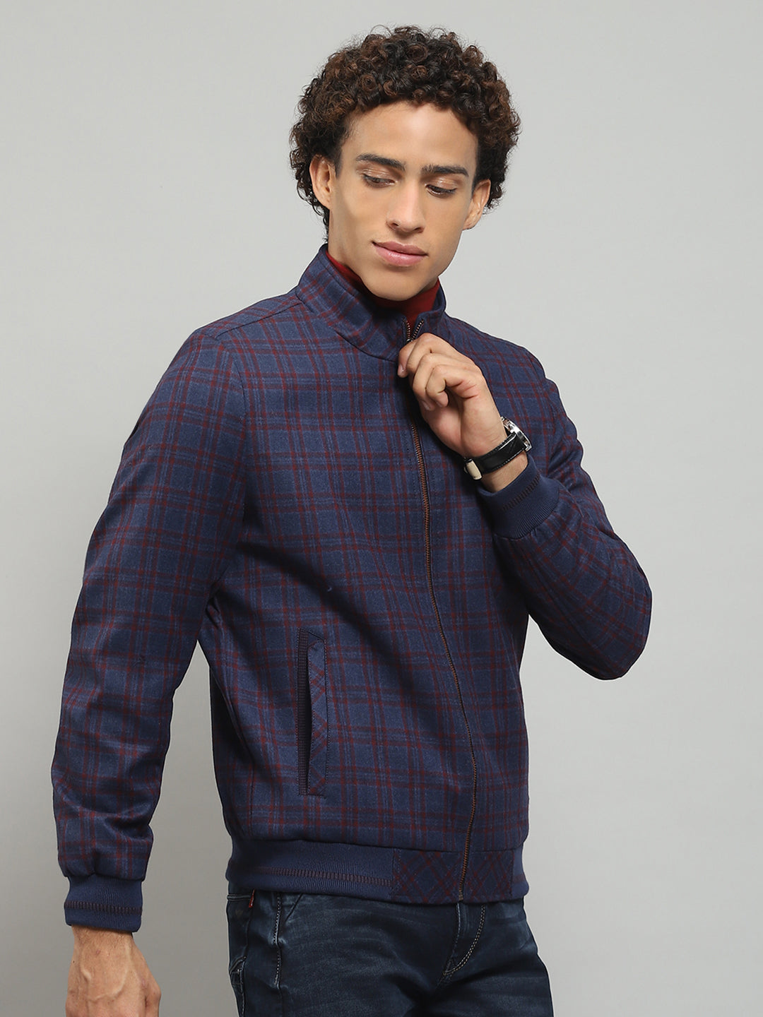 Men Blue Solid Band Collar Full Sleeve Jacket