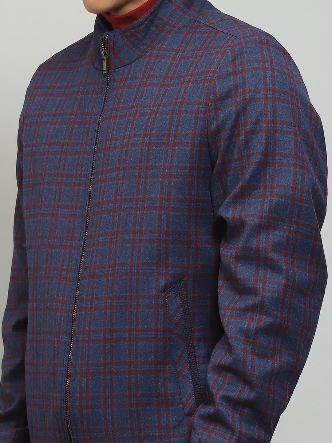 Men Blue Solid Band Collar Full Sleeve Jacket