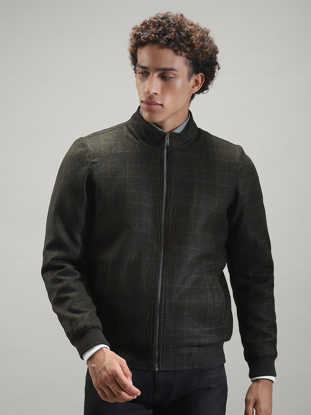 Men Olive Solid Band Collar Full Sleeve Jacket